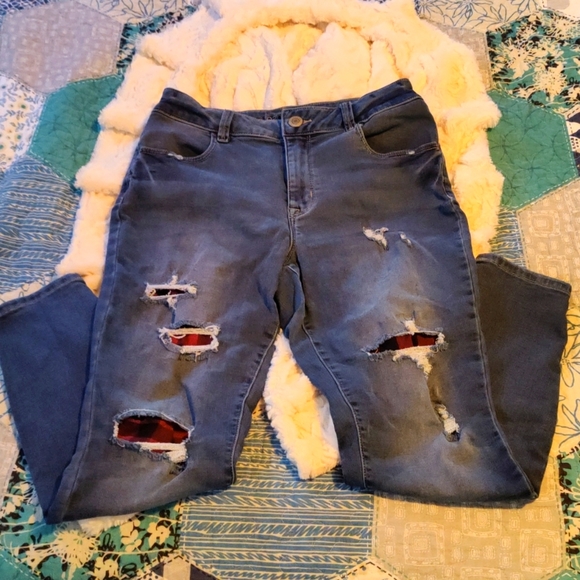 M by Maurices Women's Stretchy Distressed Jeans with Red and Black Plaid Patches - Picture 1 of 5